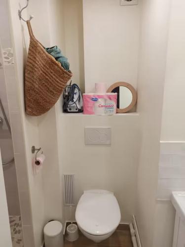 La salle de bains est pourvue de toilettes et d'un panier mural. dans l'établissement Appartement avec parking, à Paris