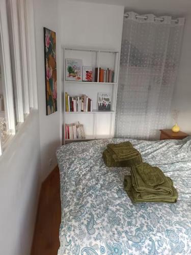 - une chambre avec un lit doté d'une chemise verte dans l'établissement Appartement avec parking, à Paris