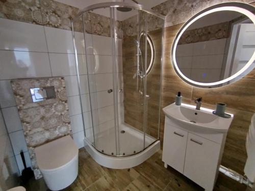 ein Badezimmer mit Dusche, Waschbecken und Spiegel in der Unterkunft Malownicze Owieczki 