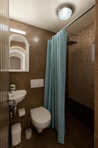 a bathroom with a toilet and a blue shower curtain at Valletta Door in Il-Furjana