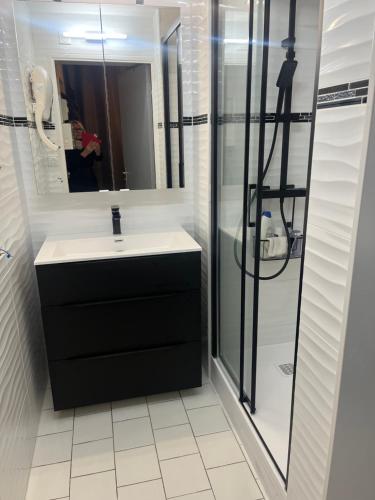 une salle de bain avec un lavabo et une douche en verre dans l'établissement LOCATION CAP D'AGDE, au Cap d'Agde