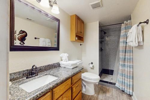 a bathroom with a sink and a toilet and a shower at Palm Tree Escape in South Padre Island