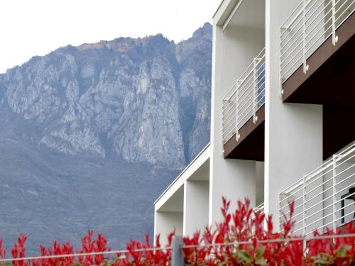 a building with a mountain in the background with red flowers at La Rocca - terrazza panoramica in Darfo