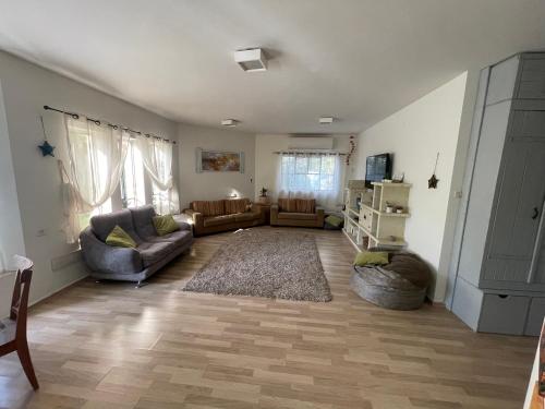 a living room with two couches and a rug at Gross Nofesh and Spa Guesthouse in Bet Hillel