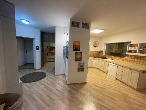 a kitchen with a refrigerator in the middle of a room at Gross Nofesh and Spa Guesthouse in Bet Hillel
