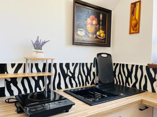 a kitchen with a stove top oven next to a painting at Dom na wzgórzu z widokiem na jezioro in Brodnica Dolna