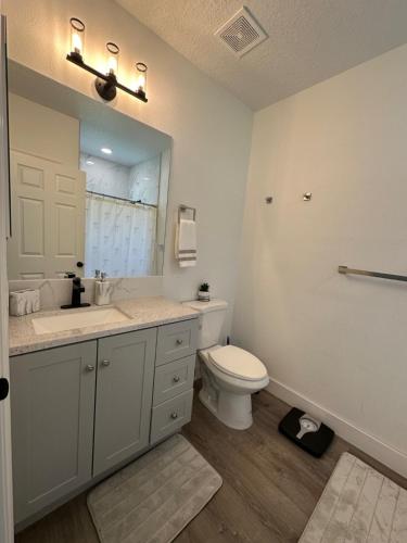 ein Badezimmer mit Toilette, Waschbecken und Spiegel in der Unterkunft Breeze Air in Citrus Springs