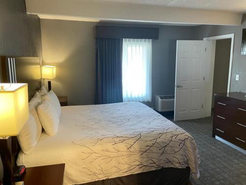 a hotel room with a bed and a window at Eastlake Suites Hotel & Conference Center By OYO Urbana in Champaign