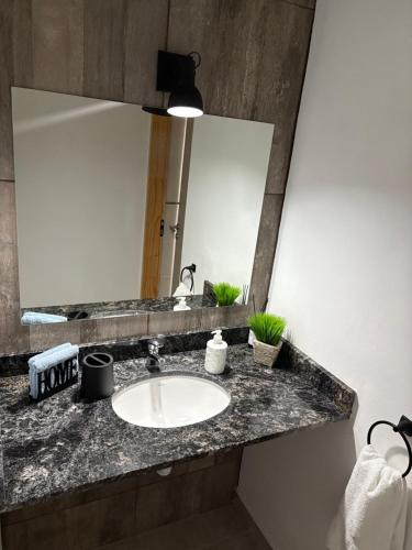 a bathroom with a sink and a large mirror at Flores del Cerro in Tandil