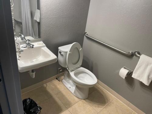 a bathroom with a toilet and a sink at Eastlake Suites Hotel & Conference Center By OYO Urbana in Champaign