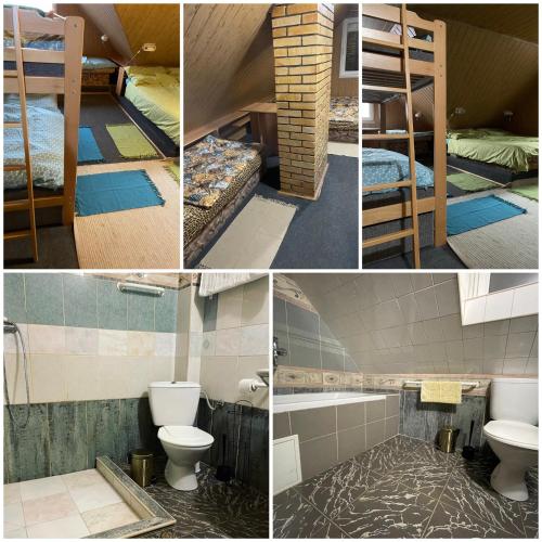 a group of four pictures of a room with bunk beds at Kokava Línia chata 2 in Kokava na Rimavica
