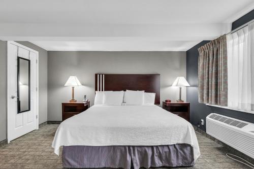 a hotel room with a bed and two lamps at Eastlake Suites Hotel & Conference Center By OYO Urbana in Champaign