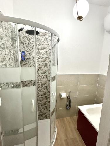 a bathroom with a shower and a sink at Bio B&B La Scoperta del Pollino in Laino Castello