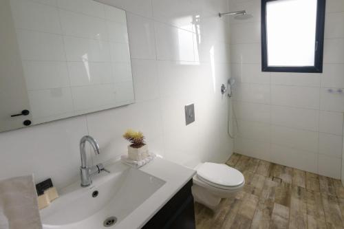 a white bathroom with a toilet and a sink at נופי ארבל in Livnim