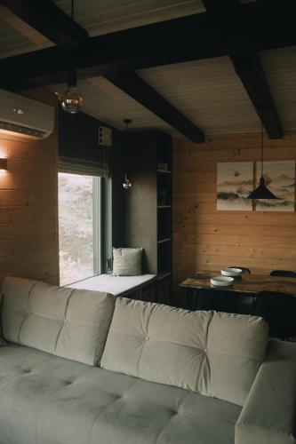 a living room with a couch and a bed at Laska House in Pylypets