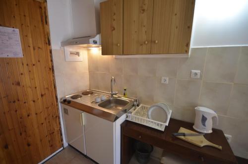 una pequeña cocina con fregadero y nevera. en Anna Pension, en Liapades