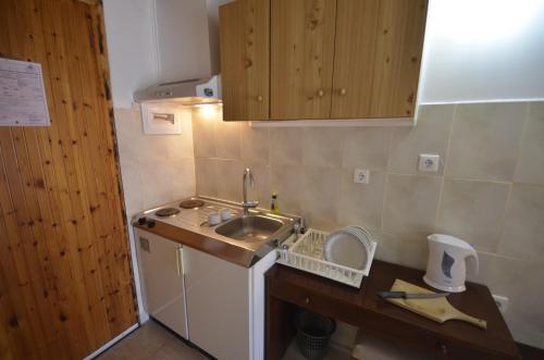 Una pequeña cocina con fregadero y refrigerador. en Anna Pension, en Liapades