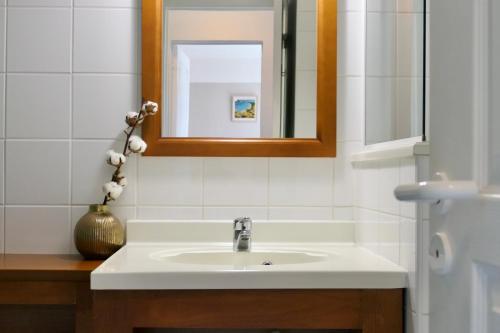 une salle de bain avec un lavabo et un miroir dans l'établissement Apt Les Grands Pins, entre Forêt, Lac et Océan, à Carcans