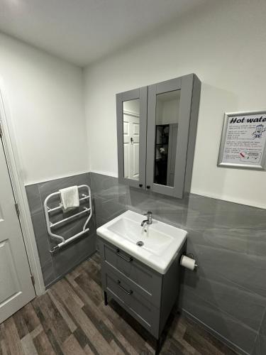 a bathroom with a sink and a mirror at Stylish Leeds City Apartment in Headingley
