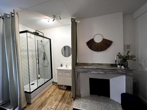 La salle de bains est pourvue d'une cheminée et d'une douche. dans l'établissement Spacious family home with river access, à Izaourt