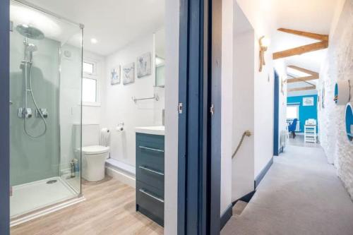 Un baño con ducha, inodoro y lavabo. en Beautiful Quayside Cottage Looe, en Looe