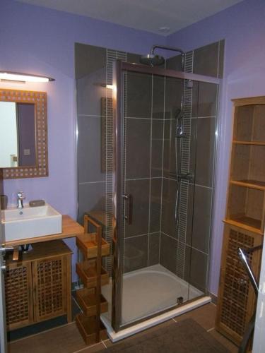 une salle de bain avec douche et lavabo dans l'établissement Gîte les Onagres 2 Le Crotoy, à 2 minutes de la plage, au Crotoy