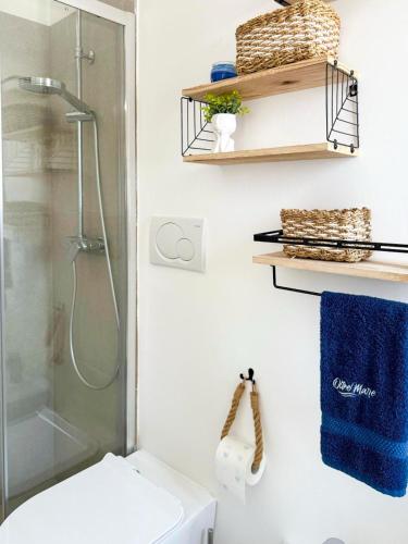a bathroom with a shower and a toilet at Vistamare Oltremare in San Cataldo