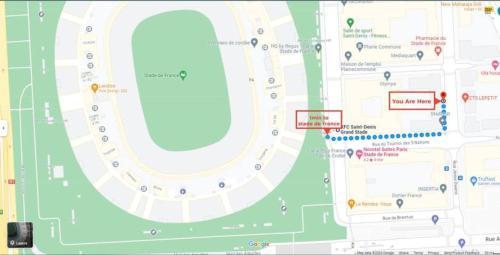 a map of a baseball field with a parking lot at Grand F2 de 50m2 pour 4 personnes - Paris 10eme Gare du Nord, Stade de France in Saint-Denis