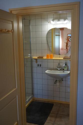 a bathroom with a sink and a mirror at La petite source in Florenville
