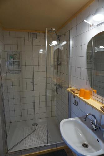 a bathroom with a glass shower and a sink at La petite source in Florenville