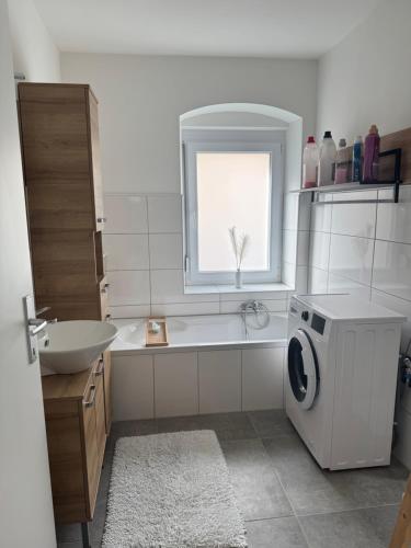 a bathroom with a washing machine and a sink at Wohnungen Beshi Niederthalheim in Vöcklabruck