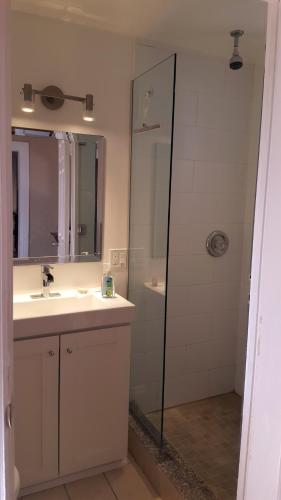 a bathroom with a sink and a shower with a mirror at The Novel Stay in Halifax