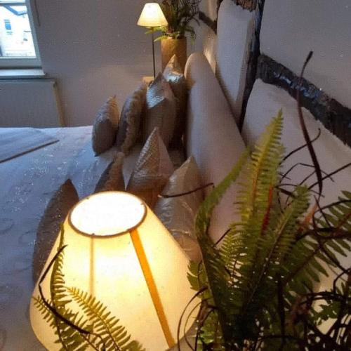 a living room with a couch and a table with plants at B&B Hof van Vervoering in Voeren