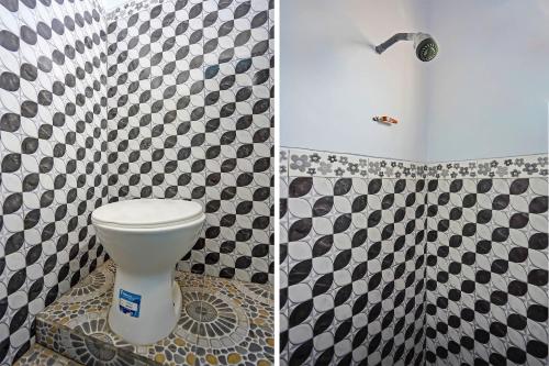 two pictures of a bathroom with a toilet and a shower at Hotel O Salsabila Homestay in Pasuruan