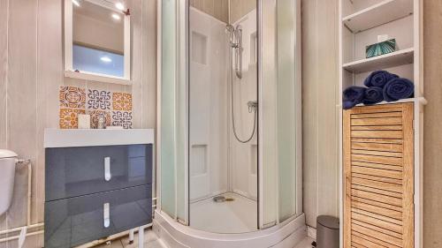 une salle de bain avec douche et lavabo dans l'établissement Chez Coralie - T2, 2 pers, parking, balcon, à Colmar