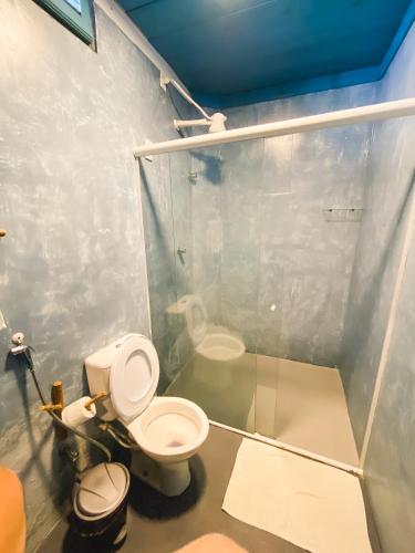 a bathroom with a toilet and a glass wall at Pousada La Grécia in Camocim