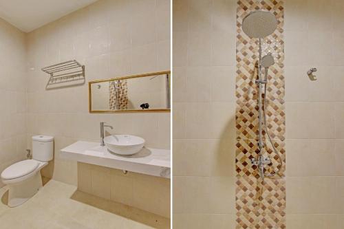 two pictures of a bathroom with a toilet and a shower at Collection O Gunung Kidul Near Pindul Cave Formerly Orchid Hotel in Duwet