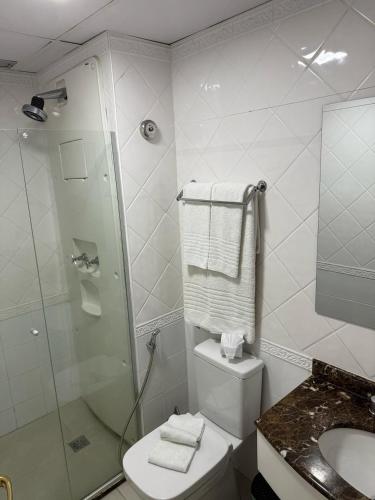 a bathroom with a shower and a toilet and a sink at Dream Flat Pinheiros in Sao Paulo
