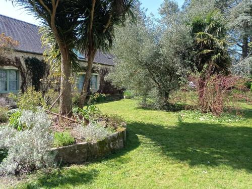 a garden with a palm tree and a house at Logis Hôtel La Demeure du Perron in Quettehou