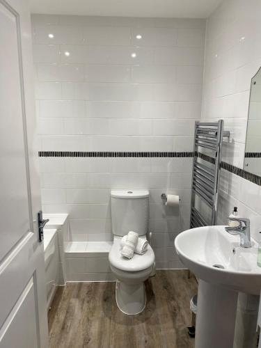 a white bathroom with a toilet and a sink at Rock Lobster in Camber