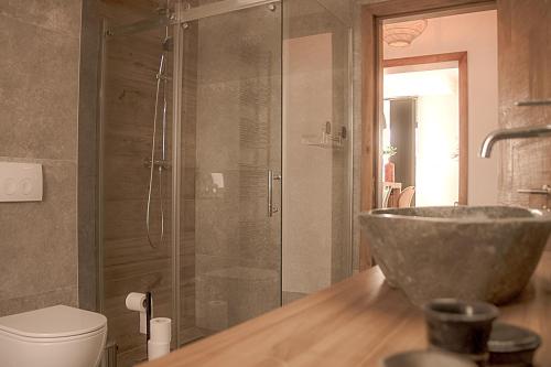 a bathroom with a sink and a glass shower at Résidence Alissa Charleroi Airport in Charleroi