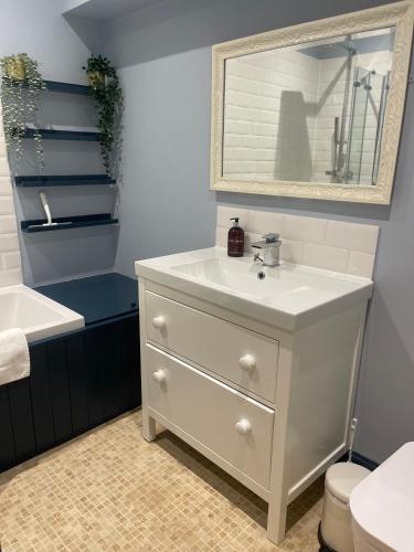a bathroom with a sink and a toilet and a mirror at Contemporary apartment in Cromer in Cromer