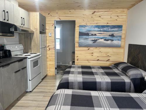 two beds in a kitchen with wooden walls at Les studios de la mer in Matane