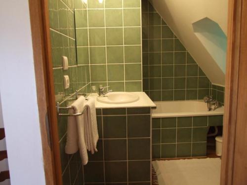 a green tiled bathroom with a sink and a tub at La Ferme de Gayri, chalet d'exception avec sauna et jacuzzi à 5 minutes de St-Lary Soulan in Vielle-Aure