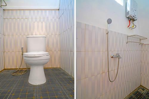 two pictures of a bathroom with a toilet and a shower at Collection O 92634 Villa Ds in Sumedang