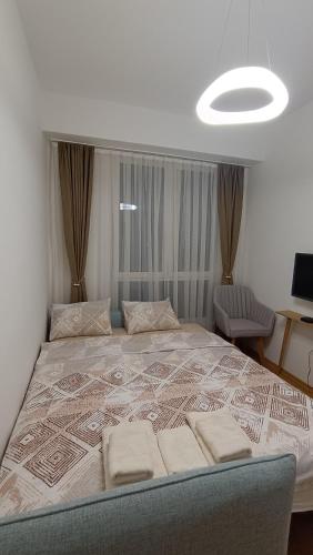 a bedroom with a large bed with two pillows on it at Apartment Skopje in Skopje