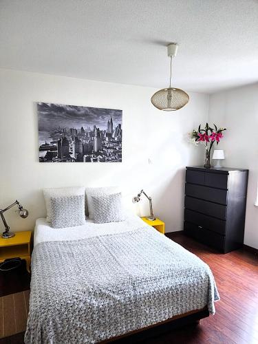 une chambre avec un lit et une photo d'une ville dans l'établissement Appartement 3 pièces, Krutenau, Parking privé, à Strasbourg