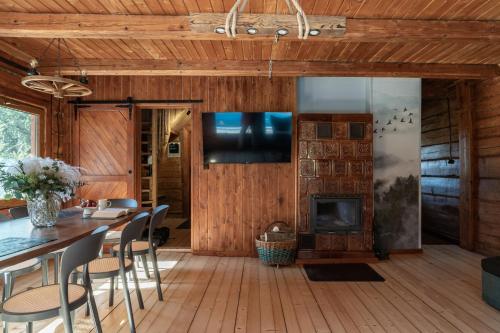 TV a/nebo společenská místnost v ubytování Polana Słowikowa 5 star- domek w górach z jacuzzi, sauna,basen,ogród z lasem, kominek i narty