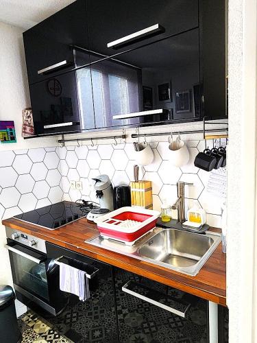 une cuisine avec un évier et un comptoir dans l'établissement Appartement 3 pièces, Krutenau, Parking privé, à Strasbourg