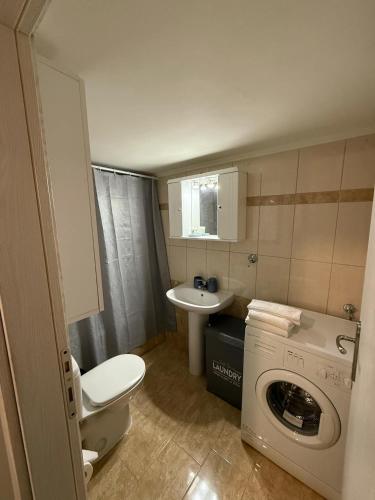 a bathroom with a toilet sink and a washing machine at N&M Apartment in Chios